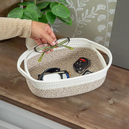 OrganiHaus Set of 5 Rectangle Bathroom Storage Baskets for Organizing, Small Woven Baskets for Storage Basket for Bathroom, Nursery Storage Basket for Baby Nursery Organization, Cute Bin, Brown/White
