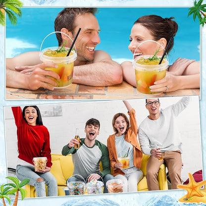 24 Pcs Ice Cream Bucket Clear Plastic Bucket with Lids and Straws Drinks Containers Plastic Food Storage Pail for Summer Cold Drink Beach Parties