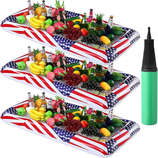 3 Pcs Patriotic Inflatable Serving Bars Summer Ice Buffet Salad Serving Trays Ice Holder for Party 4th of July Party Supplies, Independence Day Fourth of July Party BBQ Cooler Indoor Outdoor