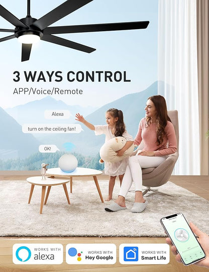 72" Wood Black Smart Ceiling Fan with Light and Remote via WIFI Alexa APP Control,6 Speed Quiet DC Motor,Dimmable LED Light,Indoor Outdoor Ceiling Fans for Patios or Bedroom