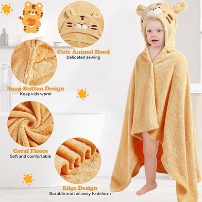2 Pcs Toddler Hooded Bath Towel 50" x 32'' Thick Animal Hooded Towel for Kid Absorbent Baby Bath Towel Bathrobe Blanket for Boy Girls 0-5 Years(Yellow, White,Tiger, Rabbit)