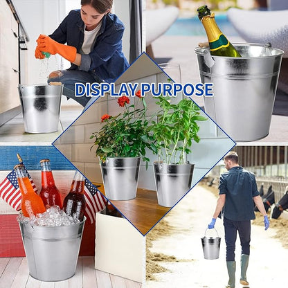12 Pcs Large Galvanized Metal Buckets with Handle 10 Inch Heavy Duty Stainless Steel Pails Round Pail for Party Wedding, Crafts, Utensils, Table Centerpieces (Silver)