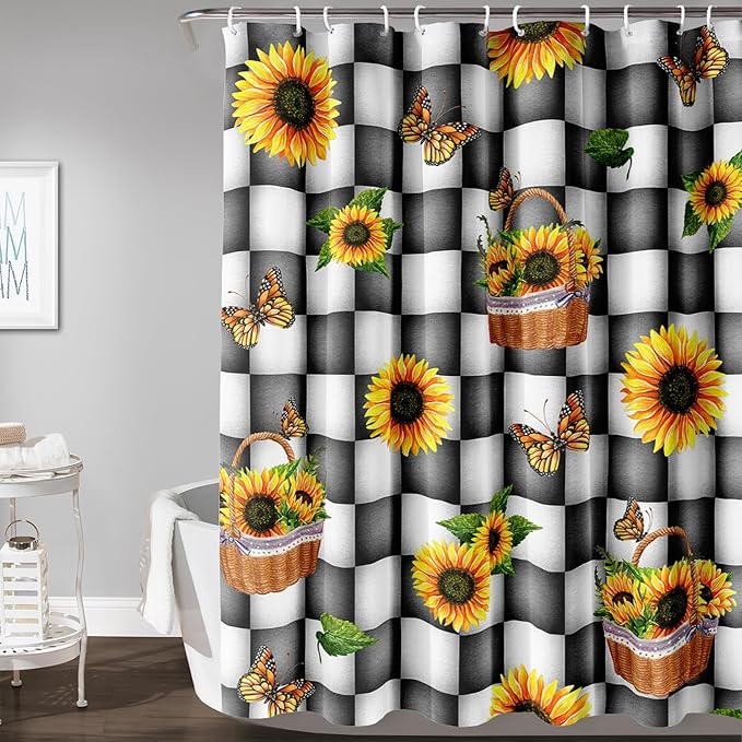 AILONEN Sunflower Shower Curtain for Bath Curtain,Black and White Grid Butterfly Bath Curtain,Garden Flower Yellow Floral Waterproof Shower Curtain 72" W x 72" H