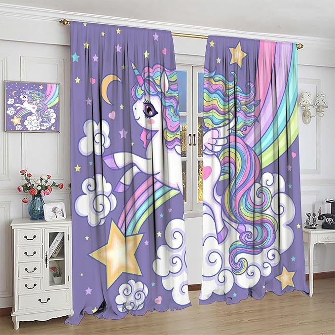 Kids Unicorn Curtains Purple Cartoon Rainbow Cartoon Room Blackout Curtains Boys Girls Baby Room Decor Curtains Living Room Decor 72x63 Inch 2 Panels