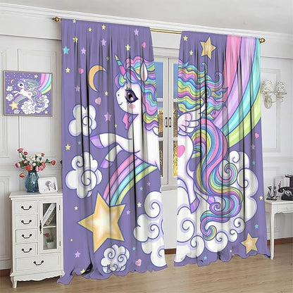 Kids Unicorn Curtains Purple Cartoon Rainbow Cartoon Room Blackout Curtains Boys Girls Baby Room Decor Curtains Living Room Decor 72x63 Inch 2 Panels