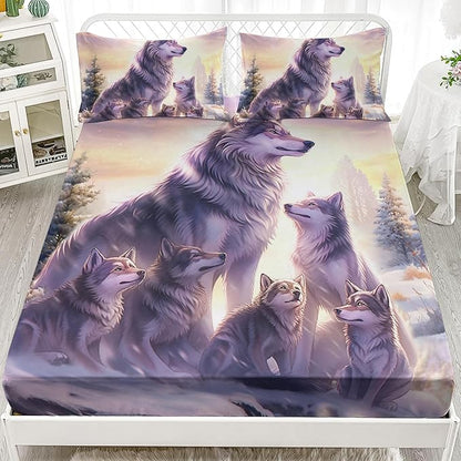 AILONEN Wolf Fitted Sheet Set Twin Snow Wolf Bed Sheet Set, Wolfmother and Wolf Pups Theme Bedding Set 3 Pieces Wildlife Wolf Sheet Set for Boys Girls,1 Fitted Sheet with 2 Pillowcases