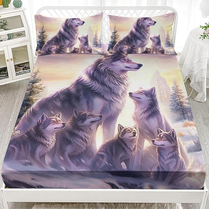 AILONEN Wolf Fitted Sheet Set Queen Snow Wolf Bed Sheet Set, Wolfmother and Wolf Pups Theme Bedding Set 3 Pieces Wildlife Wolf Sheet Set for Boys Girls,1 Fitted Sheet with 2 Pillowcases