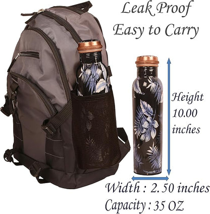 Pure Copper Water Bottle - Handcrafted - Ayurveda health benefits - Large 35 oz - Leak proof - Easy to carry for Sports, Fitness, Yoga, School - Indigo Blue Artistic Petals Motifs Enamel