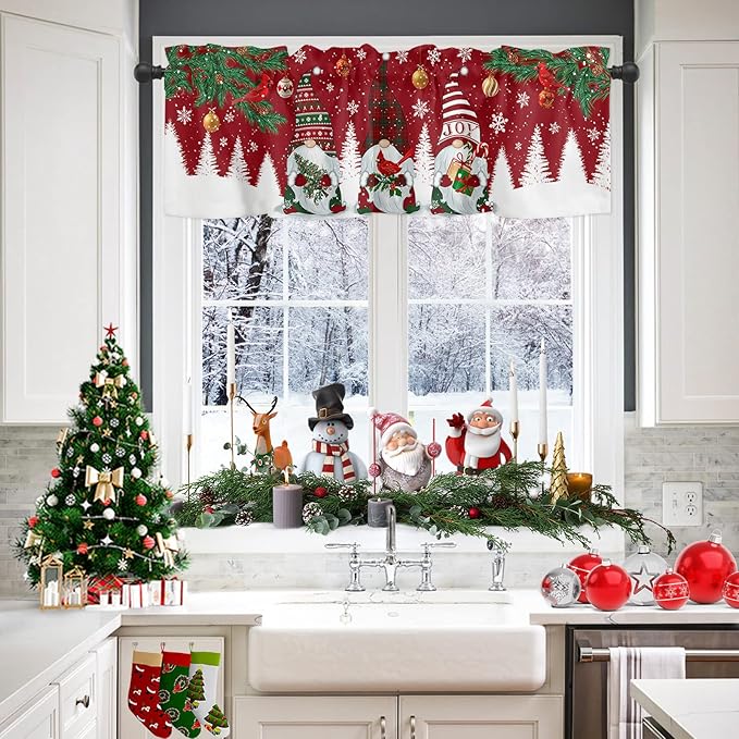 Christmas Gnomes Kitchen Curtains and Valances Set, Red Winter Holidays Window Treatments Tiers White Snowflakes Xmas Trees Half/Short Curtains for Small Windows Cafe /Living Room/ Bedroom 54x24 in
