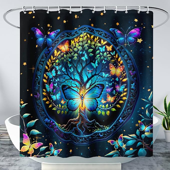AILONEN Tree of Life Shower Curtain for Bathroom,Glowing Butterfly Starry Bath Curtain,Modern Tree Floral Print Curtain Decoration Waterproof with 12 Plastic Hooks for Boys Girls Adults 72" W*78" H