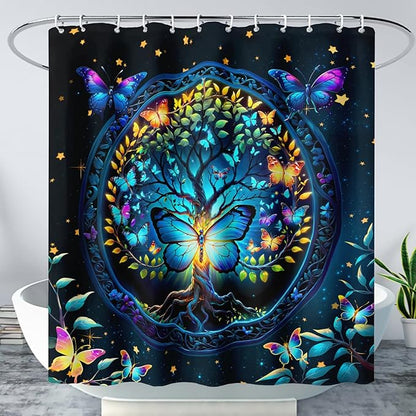 AILONEN Tree of Life Shower Curtain for Bathroom,Glowing Butterfly Starry Bath Curtain,Modern Tree Floral Print Curtain Decoration Waterproof with 12 Plastic Hooks for Boys Girls Adults 36" W*72" H