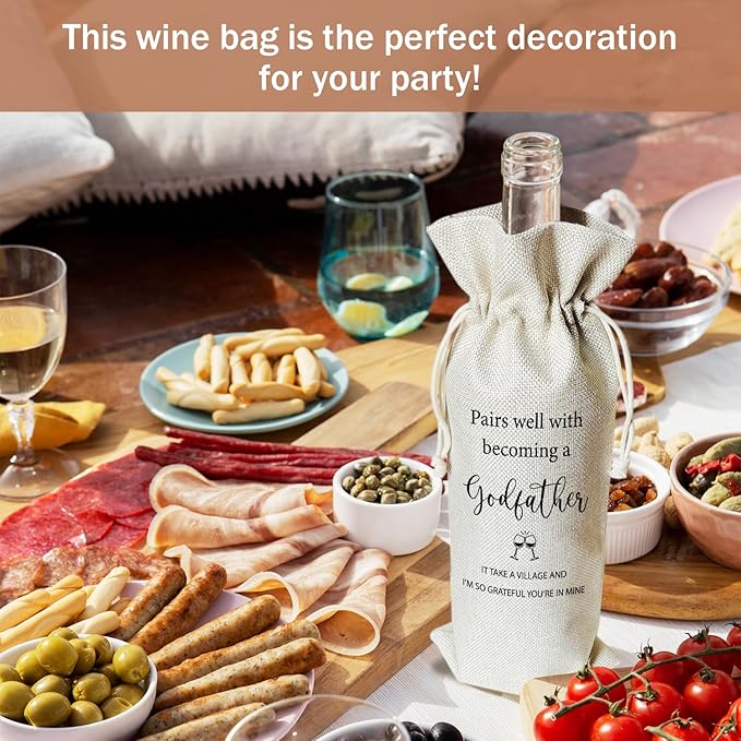 Godfather Proposal Wine Gift Bags & Card, Godfather Gifts Baptism Gifts for Godparents God Dad God Father 1pcs Reusable Burlap Wine Gift Bags for Wine Bottles, Party Favor Will You be My Godfather -19