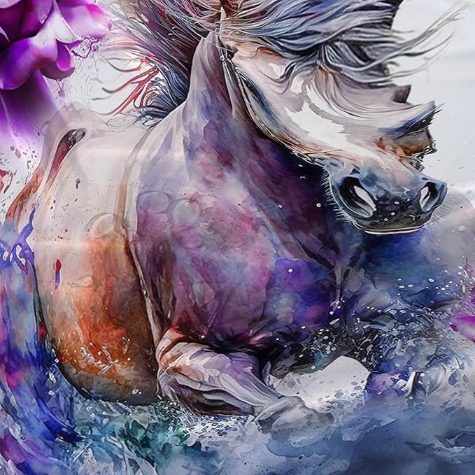 AILONEN 3D Horse Shower Curtain,Galloping Horses with Butterfly Waterproof Fabric Shower Curtains for Bathroom,Oil Purple Rose Bath Curtain Set with Hooks, 72" W*96" H