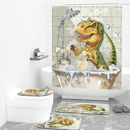 4PCS Dinosaur Shower Curtain Set with 12 Hooks for Bathroom Sets Dinosaur Decor, Non-Slip Rugs and Toilet Mat Lid Rug, Durable Waterproof for Bathroom Cartoon Dinosaur Decor 72x72 Inch