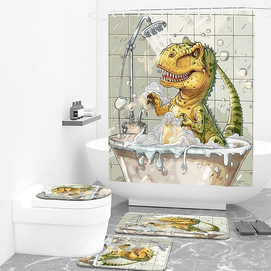 4PCS Dinosaur Shower Curtain Set with 12 Hooks for Bathroom Sets Dinosaur Decor, Non-Slip Rugs and Toilet Mat Lid Rug, Durable Waterproof for Bathroom Cartoon Dinosaur Decor 72x72 Inch