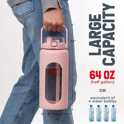 64oz Glass Water Bottle | Pink Water Bottle with Straw & Time Marker | Half Gallon Water Bottle with Measurements & Silicone Sleeve | Suitable for Travel, Gym, Sports & Daily Intake