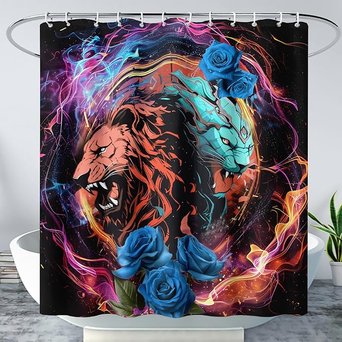 AILONEN Howling Lion Leopard Print Shower Curtain,Cartoon Animal Lion Theme Kids Boys Bath Curtain,Modern Fantasy Colorful Waterproof Decor Shower Curtain, 72" W x 72" H