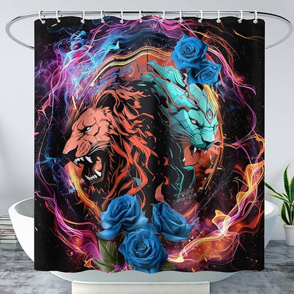 AILONEN Howling Lion Leopard Print Shower Curtain,Cartoon Animal Lion Theme Kids Boys Bath Curtain,Modern Fantasy Colorful Waterproof Decor Shower Curtain, 72" W x 72" H