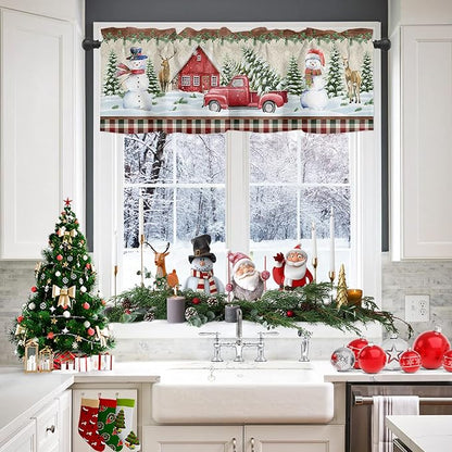 Christmas Kitchen Curtains and Valances Set, Farm Red Truck Window Treatments Tiers Winter Holiday Snowman Semi Sheer Half/Short Curtains for Small Windows Cafe /Living Room/ Bedroom 54x24 in