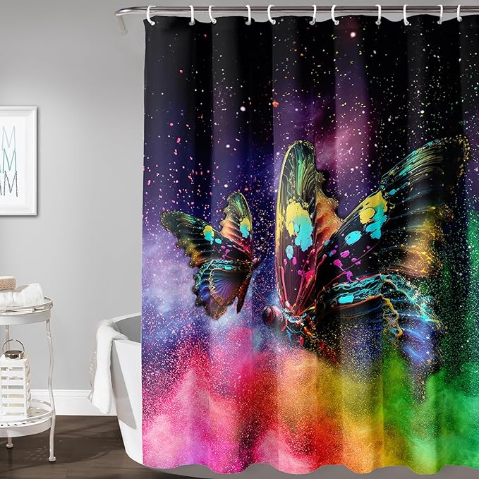 AILONEN Butterfly Shower Curtain for Bathroom, Rainbow Butterfly Bath Curtain,Modern 3D Printed Waterproof Tie Dye Shower Curtain with 12 Plastic Hooks (Kids/Girls/Women/Teen/) 36" W*72" H