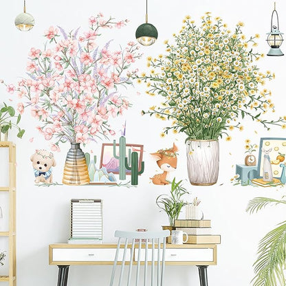 Pink Flowers Potted Plants Wall Decals 3D Simulation Green Plants Wall Stickers Removable Vinyl Peel and Stick for Living Room Bedroom Kitchen Playroom Sofa TV Background Art Decorations
