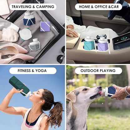 3pcs Collapsible Water Bottles,BPA-Free Leak-Proof Silicone Foldable Water Bottle Cup 20.6oz,Durable Lightweight Bottle for Gym Travel Camping Hiking Running (Purple+Green+Grey)