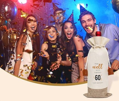 60th Birthday Wine Bag, Cotton Linen Wine Gift Bag With Drawstring, Wine Champagne Bottle Gift Bag, 60 Years Old Birthday Gifts for Woman Her Friend Sister, 60th Birthday Party Favors-29