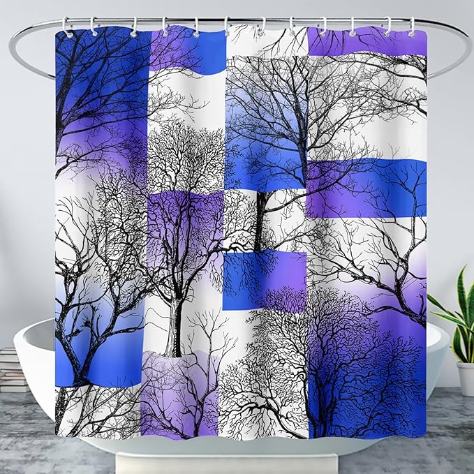 AILONEN Blue and White Tree Abstract Shower Curtain,Minimalist Printed Plant Tree Arts Bath Curtain,Modern Boho Waterproof Curtain for Bathroom Decor, 48" W x 72" H