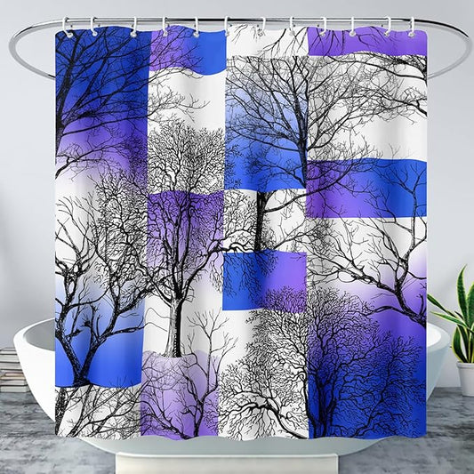 AILONEN Blue and White Tree Abstract Shower Curtain,Minimalist Printed Plant Tree Arts Bath Curtain,Modern Boho Waterproof Curtain for Bathroom Decor, 72" W x 84" H