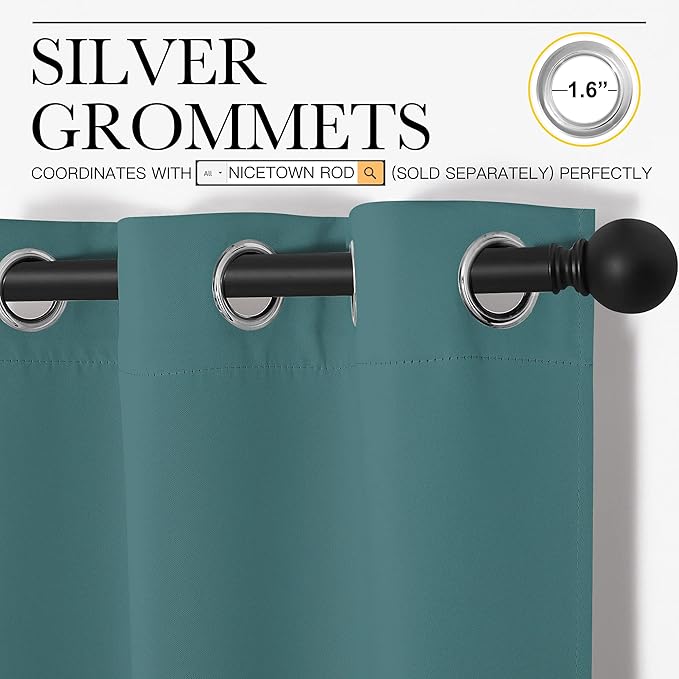 NICETOWN Kitchen Curtain Panels Blackout Draperies, Thermal Insulated Solid Grommet Blackout Curtains/Drapes (Sea Teal, One Pair, 34 by 63-Inch)