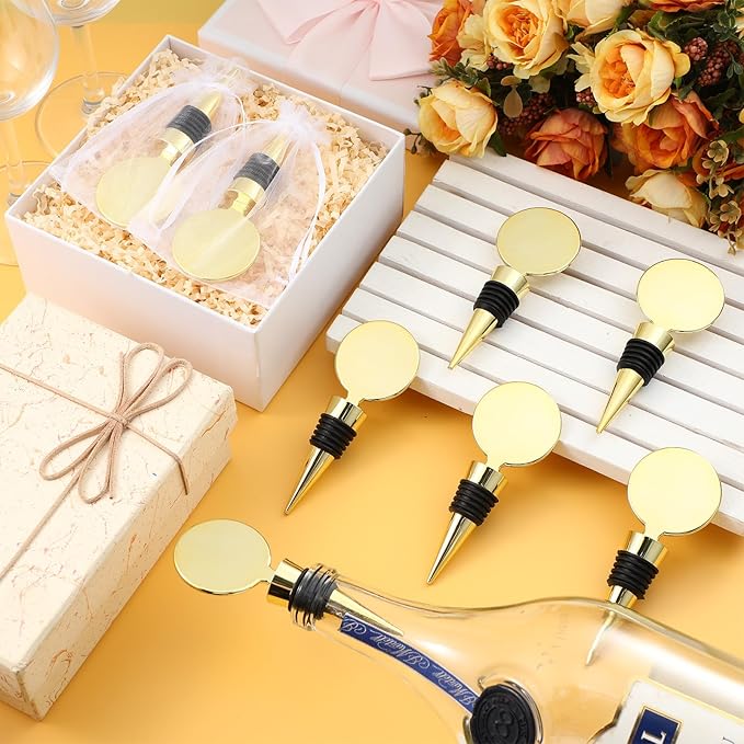 24 Sets Wine Stopper for Wine Bottles Wedding Wine Stopper Champagne Bottle Stoppers Beverage Bottle Stoppers with White Sheer Organza Bags Wedding Party Favor for Guests (Gold)