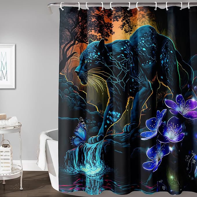 AILONEN Black Panther Shower Curtain,Glowing Panther Print Bath Curtain for Kids Boys Men,Wildlife Forest Cheetah Leopard Waterproof Shower Curtain for Bathroom, 72" W x 72" H