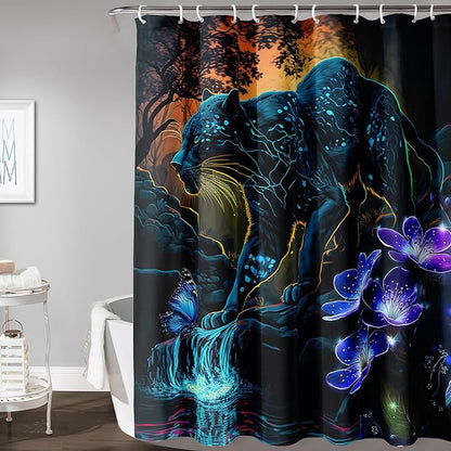 AILONEN Black Panther Shower Curtain,Glowing Panther Print Bath Curtain for Kids Boys Men,Wildlife Forest Cheetah Leopard Waterproof Shower Curtain for Bathroom, 72" W x 78" H