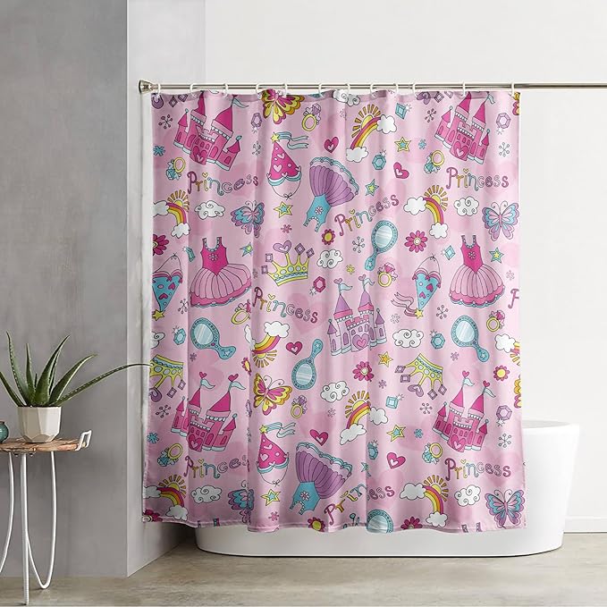 AILONEN Princess Dress Shower Curtain,Cartoon Sparkling Star Diamond Waterproof Shower Curtain Set for Girls Kids Teens, 72" W*72" H Pink Castle Jewelry Shower Curtain for Bathroom
