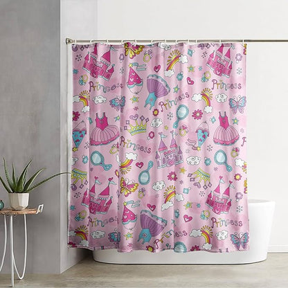 AILONEN Princess Dress Shower Curtain,Cartoon Sparkling Star Diamond Waterproof Shower Curtain Set for Girls Kids Teens, 72" W*96" H Pink Castle Jewelry Shower Curtain for Bathroom
