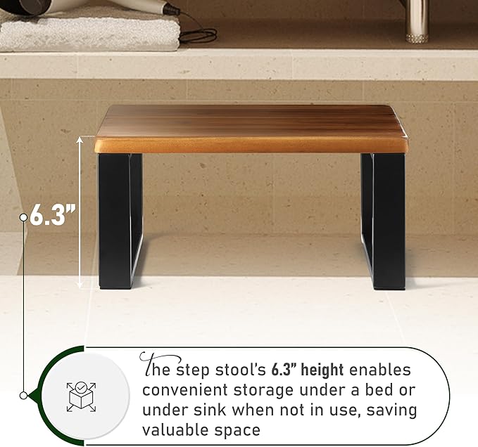 Wooden Step Stool, Heavy Duty One Step Stool for Adults, Wooden Stepping Stool with 450Lbs Capacity for Kitchen & Bathroom, Non-slip Wood Bedside Bed Steps with Robust Steel Frame for High Beds