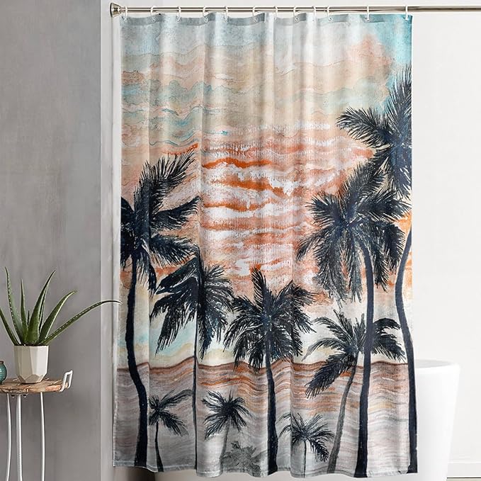 AILONEN Beach Shower Curtain,Retro Afterglow Bathroom Shower Curtain Sets for Girls Boys Teens Women, 72" W*72" H Sunset Coconut Tree Theme Bathroom Decors