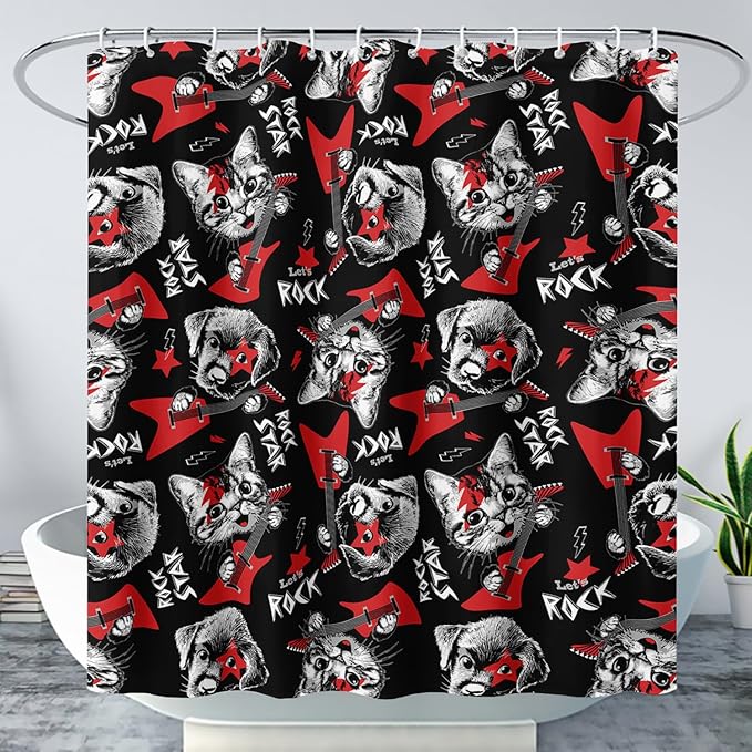 AILONEN Kitten and Puppy Shower Curtain,Rock Kitten Puppy Bath Curtains for Kids Boys Girls,Animal Polyester Waterproof with 12 Plastic Hooks 72" W*72" H