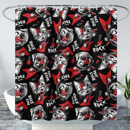AILONEN Kitten and Puppy Shower Curtain,Rock Kitten Puppy Bath Curtains for Kids Boys Girls,Animal Polyester Waterproof with 12 Plastic Hooks 72" W*84" H