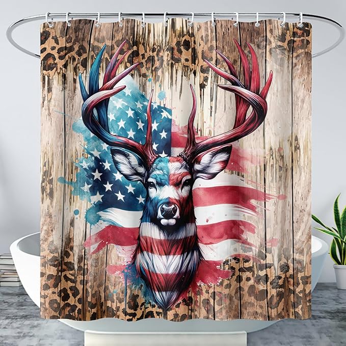 AILONEN Deer Hunting Shower Curtain for Bathroom Decor,American Flag Elk Bath Curtain for Kids Boys Teens,Safari Deer Print Curtain,Polyester Waterproof with 12 Plastic Hooks 72" W*72" H