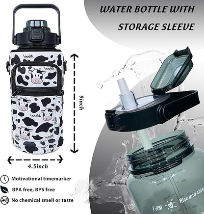 64 oz Water Bottle with Straw Sleeve & Strap Motivational Half Gallon Water Jug with Handle for Gym Women Men Aesthetic Water Bottle with Strap