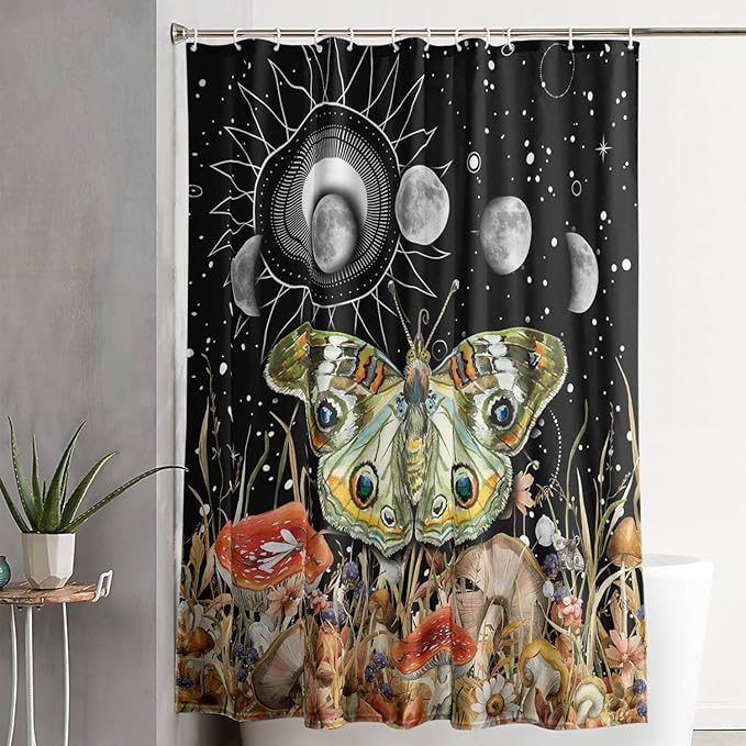 AILONEN Moth Shower Curtain,Sun and Moon Shower Curtain Set for Kids Girls Boys,Boho Natural Mushroom Plants Bath Curtain,Starry Night Bathroom Decor Shower Curtain with 12 Hooks,60" W*72" H
