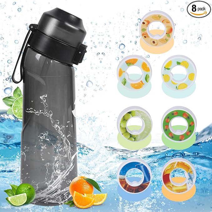 Air Scent Water Bottle Flavor Pods 650ml BPA Free Water Cup with 7 Flavour Pods Sports Water Bottle Suitable for Outdoor(Black)
