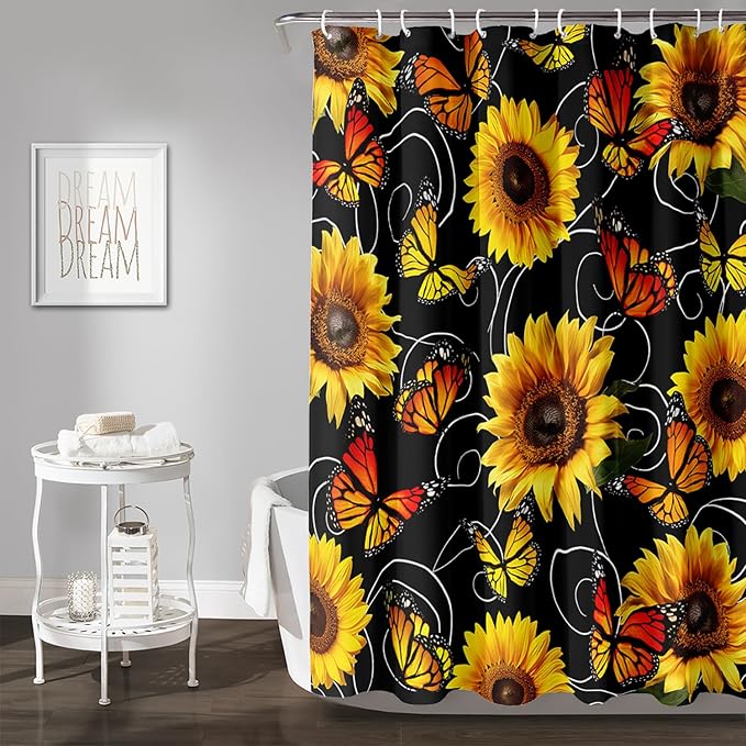 AILONEN Yellow Sunflower and Butterfly Shower Curtain,Garden Flower Black Bath Curtain,Modern Botanical Floral Waterproof Shower Curtain, 36" W x 72" H