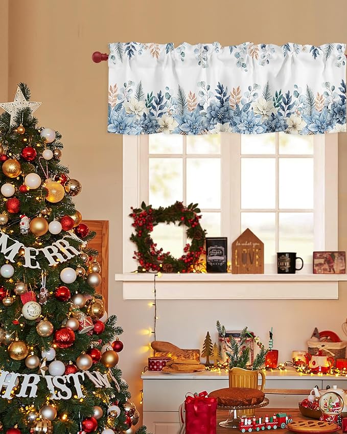 Blue Christmas Poinsettia Valance Curtains for Kitchen Windows Winter Eucalyptus Leaves Rod Pocket Window Treatment Toppers for Kitchen/Living Room/Bedroom/Bathroom, 60" X 18",
