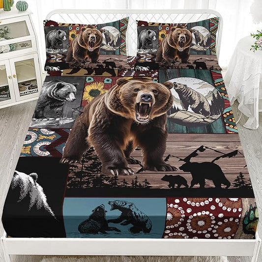AILONEN Roaring Bear Fitted Sheet Set Twin XL Size, Rustic Cabin Bed Sheet Set,Wildlife Bedding Grey Bear Plaid Sheet Set,3 Pieces Teen Men Boys Bed Sheet Set,1 Fitted Sheet with 2 Pillowcases