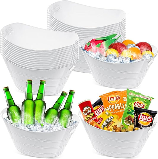 24 Pcs White Oval Storage Tub with Handles, 4.5L Plastic Ice Bucket Wine Beer Champagne Bottle Drink Cooler Tub for Parties Beverage, Storage Basket