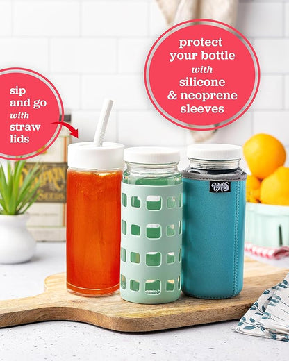 All About Juicing Clear Glass Water Bottles Set - 6 Pack Wide Mouth with Lids for Juice, Smoothies, Beverage Storage - 16 oz, Durable, Reusable, Dishwasher Safe, Leak Proof (White Caps)