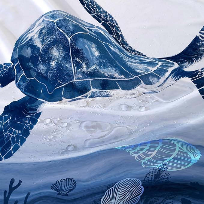 AILONEN Blue Sea Turtle Shower Curtain Set for Bathroom,Cartoon Turtle and Water Plant Bath Curtain,Kawaii Ocean Animal Theme Waterproof Fabric Shower Curtain with Hooks,48" W*72" H
