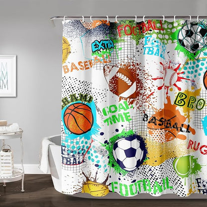 AILONEN Sport Shower Curtain,Graffiti Basketball Football Baseball Rugby Sport Art Bath Curtain Minimalist Bathroom Curtain 60" W*72" H Polyester Waterproof Bathroom Curtain with 12 Hooks